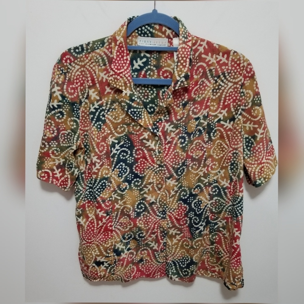 First Issue multi color batik button up shirt